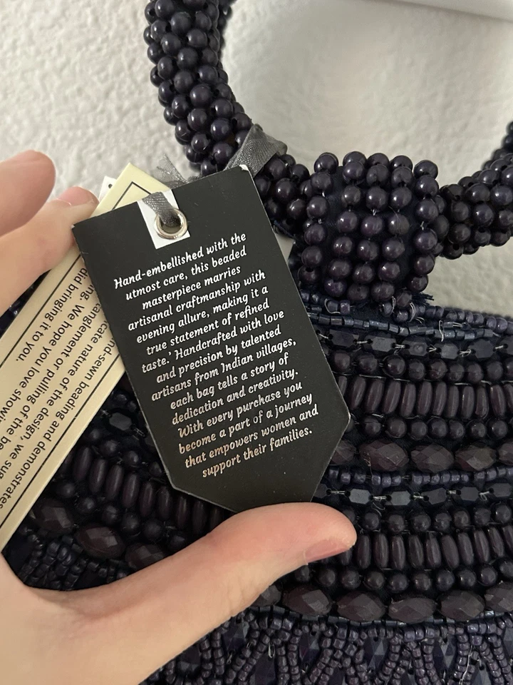 Bolso de cadena hecho a mano en la India con asa superior en forma de media luna azul marino oscuro OS Foto 3 de 4