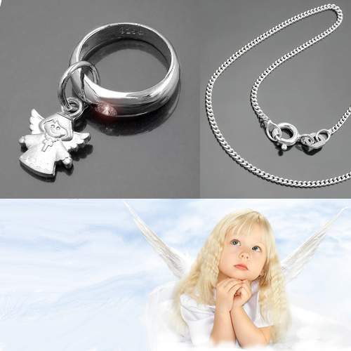 WeißGold 333 Baby Taufe Schutz Engel Kreuz Taufring Und Stein Mit Silber Kette-image