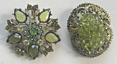 Lot of 2 Apple Green Rhinestone Faceted Cut Glass & Fused Glass Brooch Pins