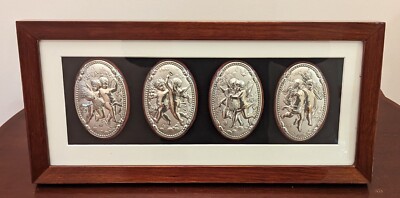 Stunning 4 Seasons Silver Angel Medallion Signed Artwork Custom Frame Xmas Italy