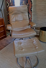 Vintage Org 70s Ekornes Stressless Gen 1 Sand Leather Swivel Recliner  Ottoman