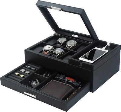 Executive Men Jewelry Box Valet Tray W/ Drawer Storage Box Organizer Nightstand