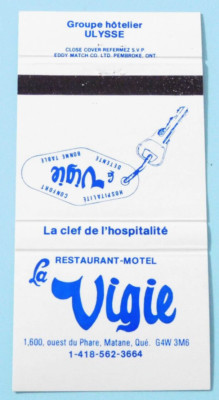 LA VIGIE RESTAURANT-MOTEL MATCHBOOK COVER * MATANE, QUEBEC, CANADA