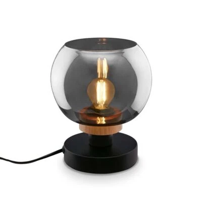 BRILONER Elegante Tischlampe Tischleuchte 1x E14 Dimmbar Metall Rauchglas Holz Schwarz