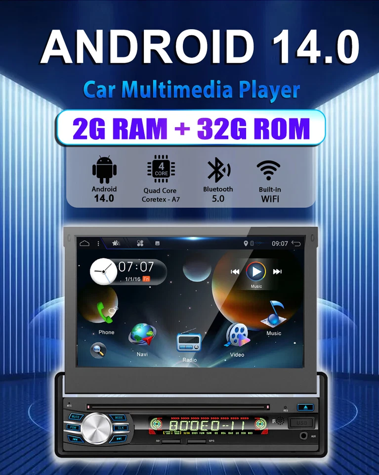 Single 1 Din Autoradio Android 14 NAVI GPS WIFI Bluetooth CD/DVD Player 32GB DAB - Bild 4 von 4