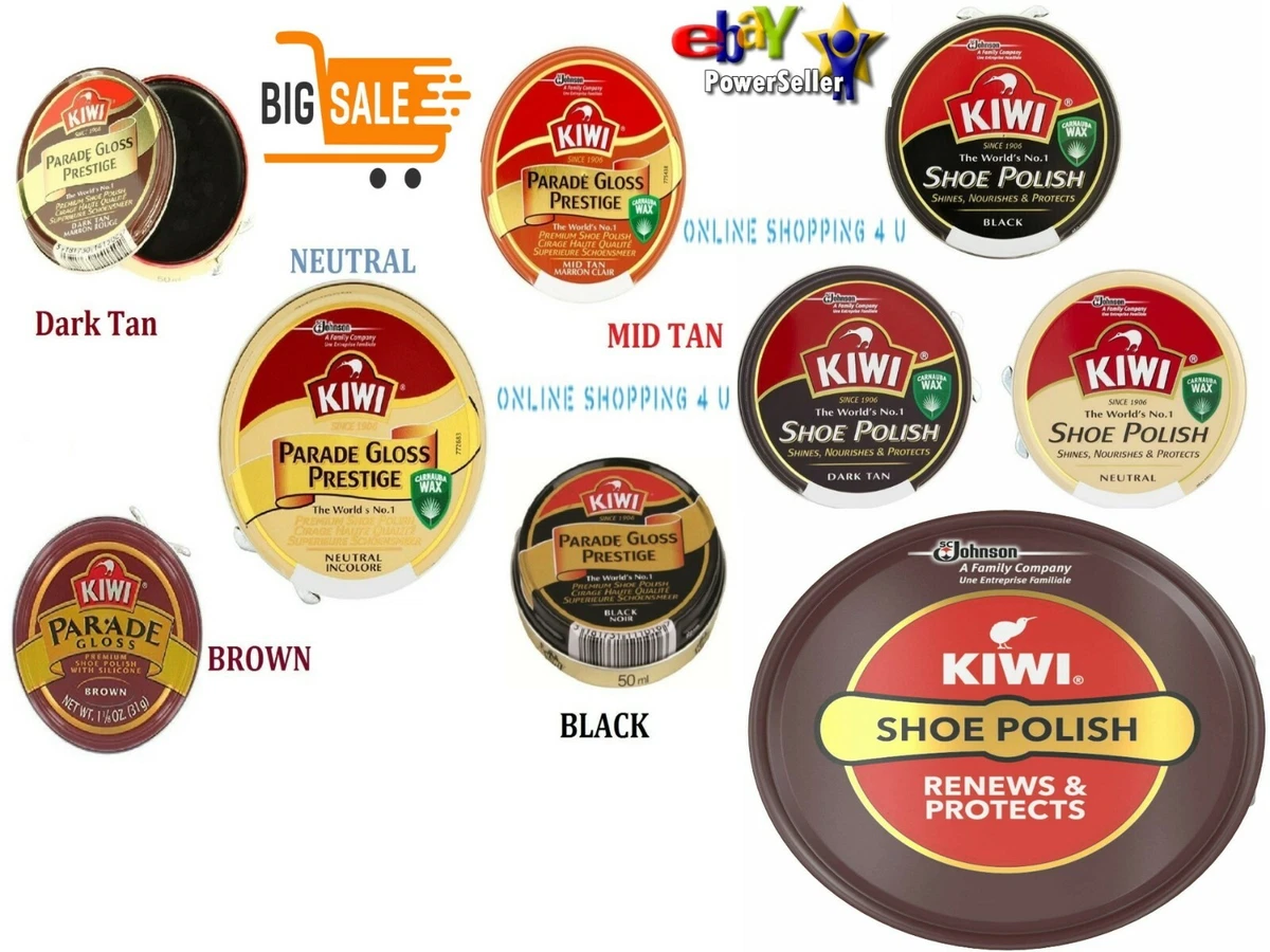 Kiwi Shoe Boot Polish Parade Gloss Prestige Black Neutral Dark Tan