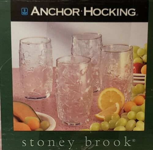 NIB Vintage Anchor Hocking Juice Drinking Glasses Stoney Brook 16oz Set of 4