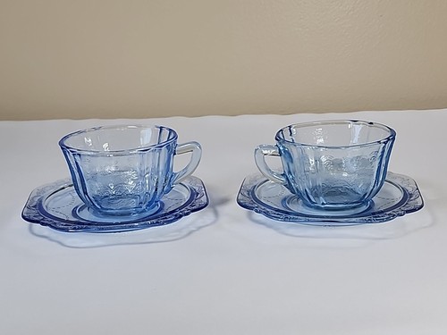 Blue Depression Glas Madrid 2er Set Tasse & Untertasse Indiana Glas Federal Vintage - Bild 4 von 12