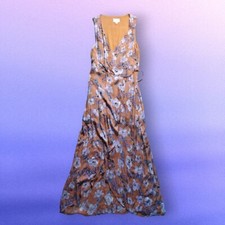 Womens Everly Sleeveless Wrap Dress,  Mustard W/ Purple Flowers, Hi-Lo Hem,  M