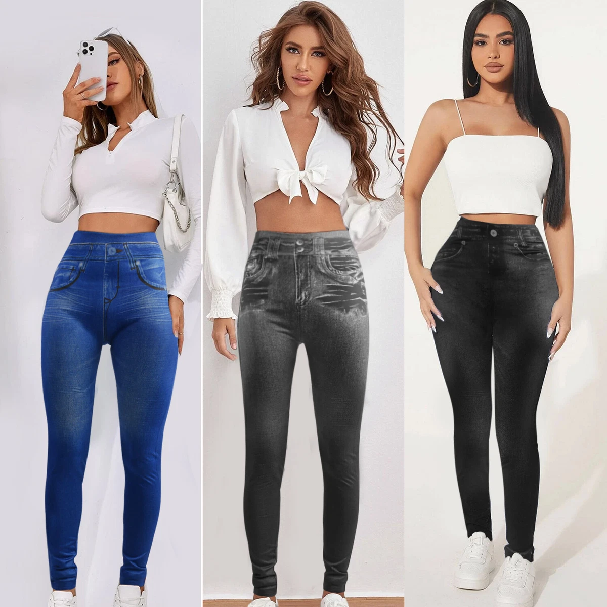 Women Stretchy Faux Denim Jeans Leggings High Waist Tummy Control Pencil  Pants