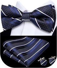 Bow Ties for Men Pre-Tied Pocket Square with Cufflinks Mens Blue White Paisley