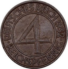 Deutsches Reich 4 Reichspfennig 1932 Kupfer 5g Original M&uuml;nze #MYK150