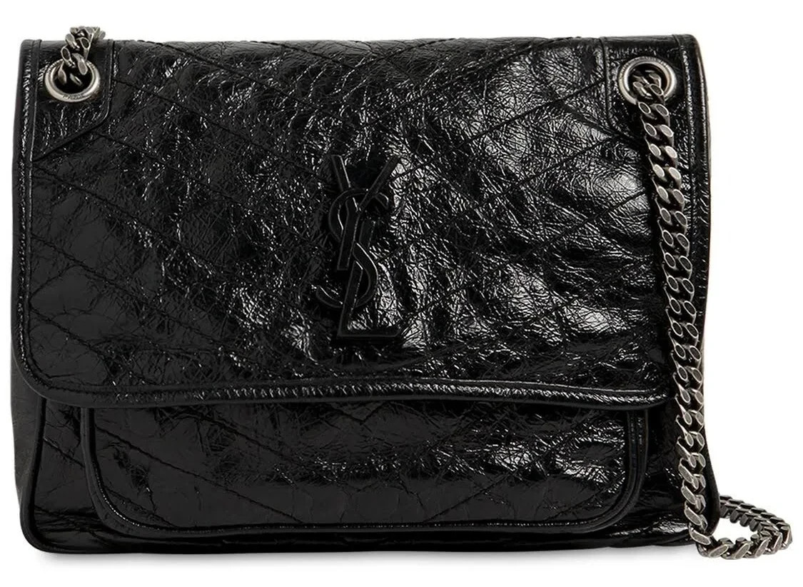 SAINT LAURENT Women's Niki Medium Black Crinkled Leather Shoulder Bag $3,250