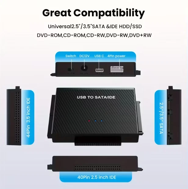 Adattatore ide sata convertitore con alimentatore hard disk Usb gestione pc 2.5  - Immagine 3 di 4