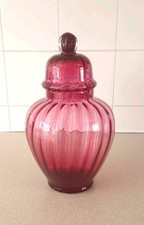 Large Vintage Cranberry Glass Optic Ribbed Ginger/Apothecary Jar With Lid 11"