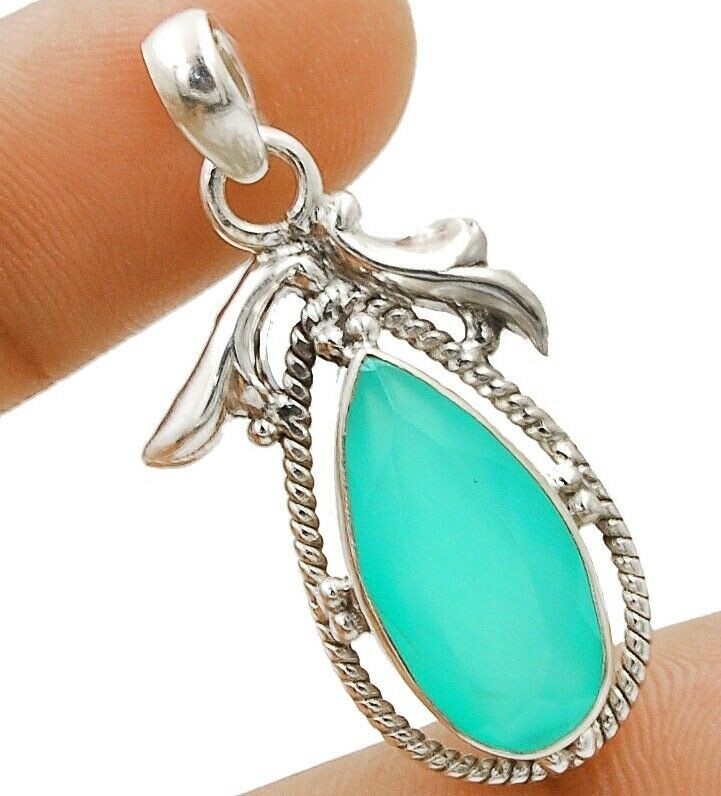 Natural Aquamarine Chalcedony 925 Sterling Silver Pendant 1 1/4'' Long @4-1
