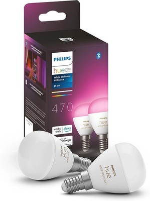 PHILIPS Hue White & Col. Amb. E14 Luster LED Twin Pack Smart Light Bulb RGB