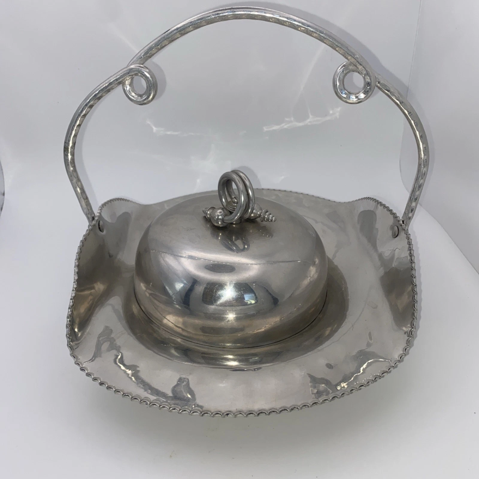 Cromwell Hand Wrought Aluminum Butter Dish with Glass Insert and Lid Vintage