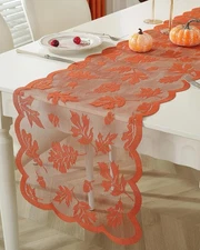 13"x72" Vintage Embroidered Maple Leaves Lace Table Runner Dresser Scarf Doilies
