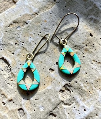 Navajo Handmade Earrings 925 Silver Blue Turquoise And Opal Inlay Native Artist