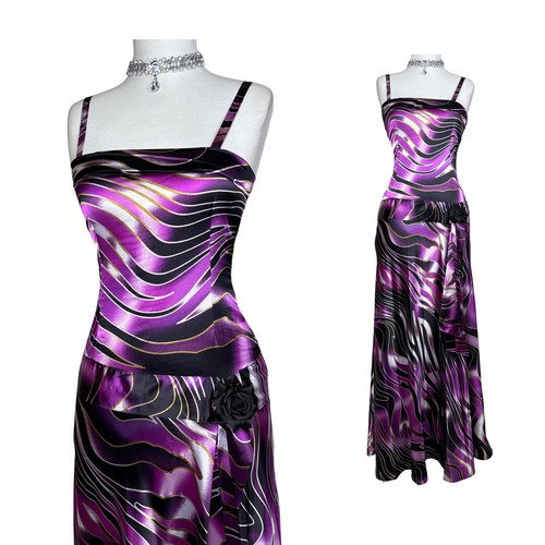 Vintage Y2K Psychedelic Print Maxi Dress: Purple Draped Halter Gown