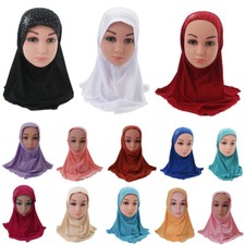 Childern Kids Girls Islamic Muslim Hijab Scarf School Rhinestone Headwear 2-6Y