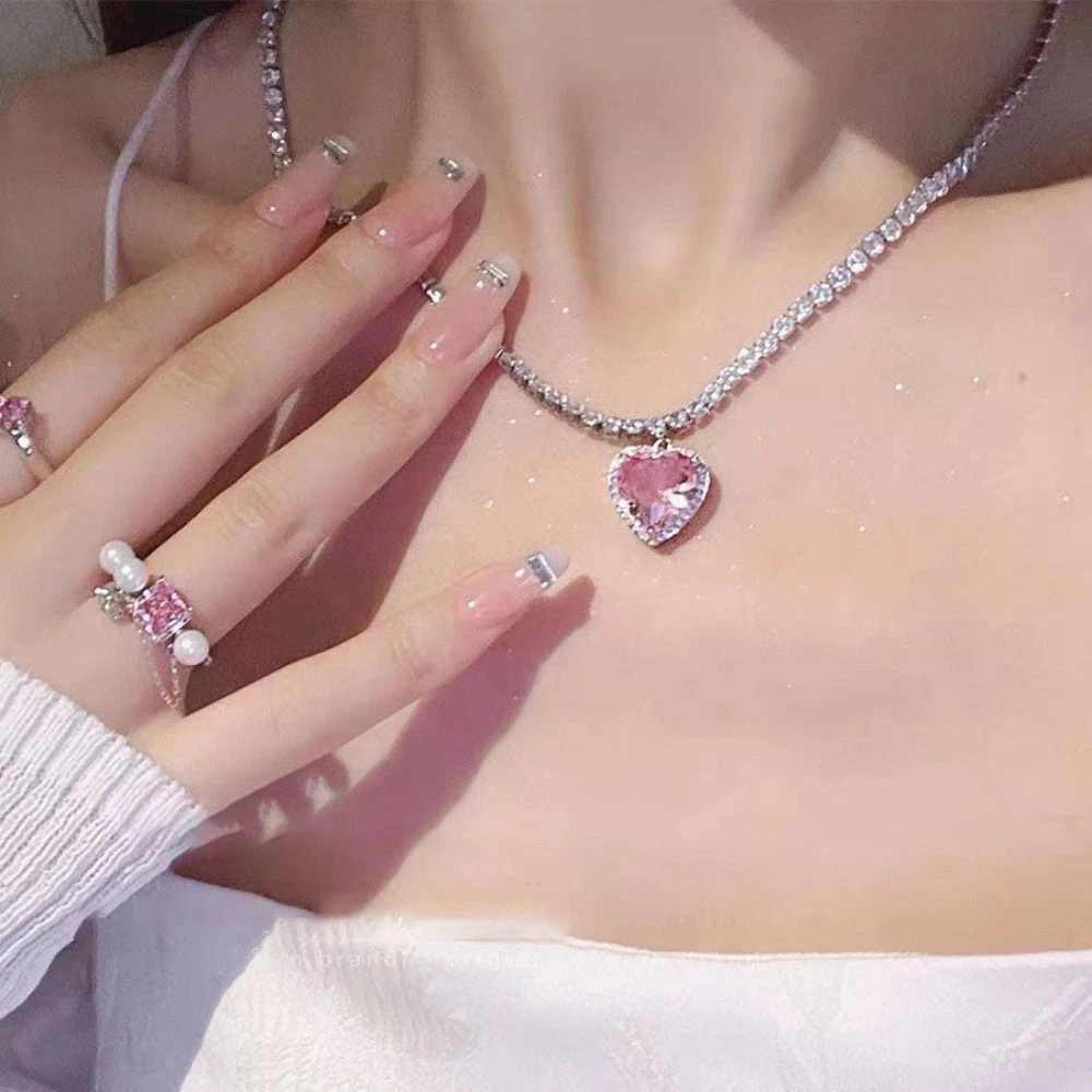 Charms Y2K Pink Heart Necklace Rhinestone Crystal Clavicle Chain Gift
