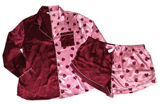 BB Dakota L Satin Pajama Set Pink Burgundy Hearts 2 Piece Top Shorts Bust 45.5"