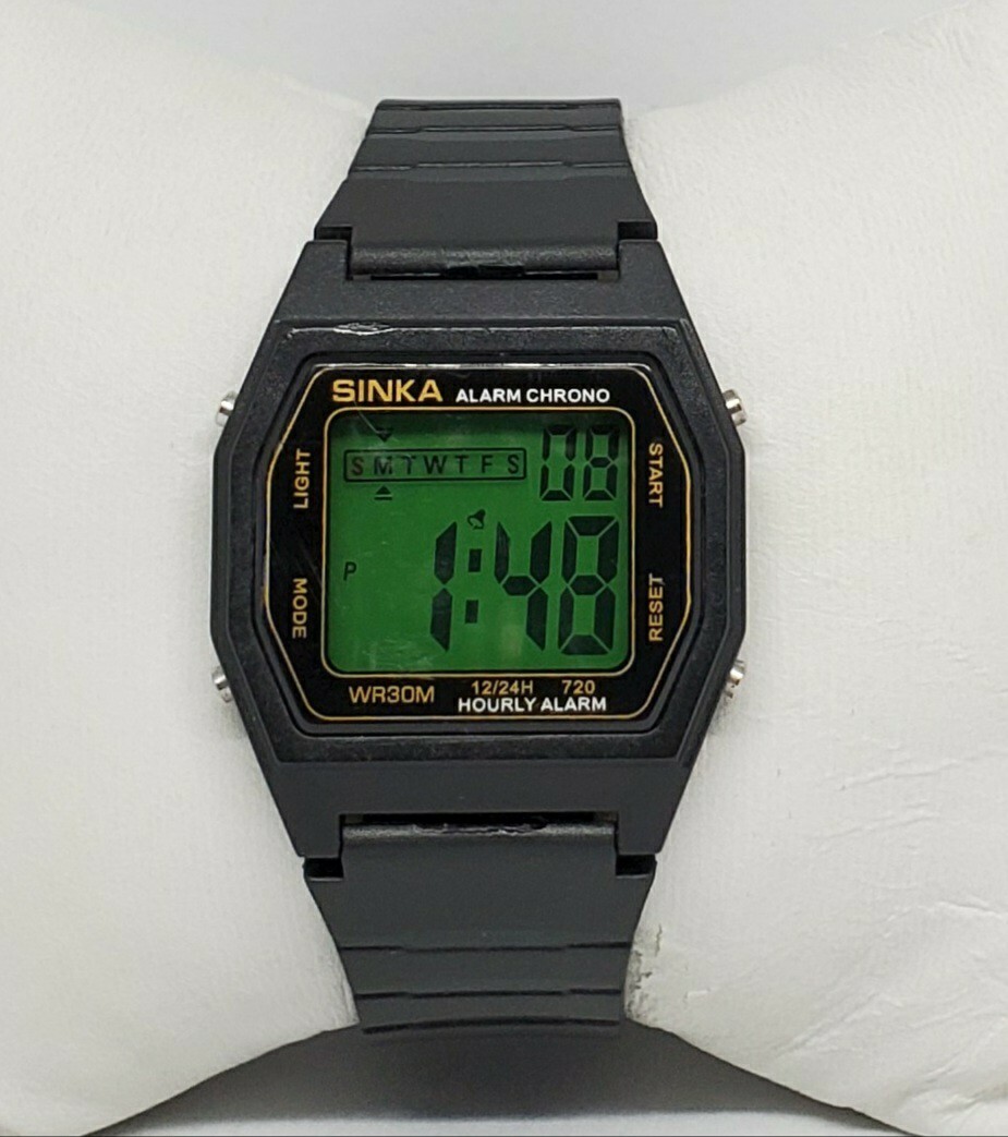 Vintage Mens Sinka Black Digital Alarm Chrono Quartz Wrist Watch