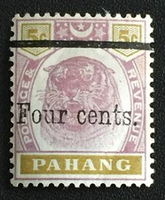 Malaya 1899 PAHANG Four cents opt 5c Tiger MLH SG#28 M3526