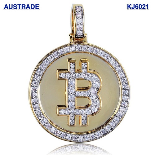Iced Out Copper Brass with Zircon Bitcoin Pendants Necklace 3mm 60cm Rope Chain - Picture 3 of 7
