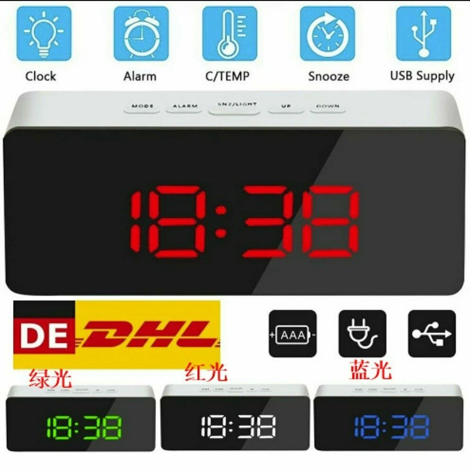 Digital Alarmwecker LED Wecker Funk Uhr Kalender Schlummerfunktion USB Tischuhr - Bild 2 von 4