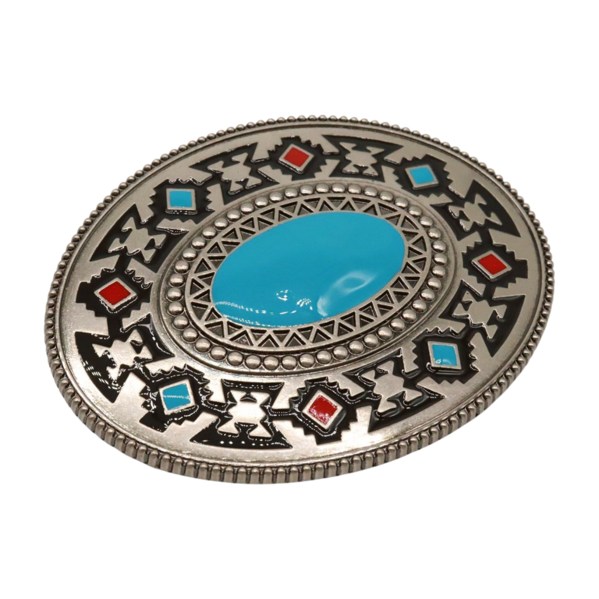 Boucle De Ceinture Western Homme Argentée Avec Turquoise - Style Aztèque - Finition Antique - Largeur 3,8 Cm