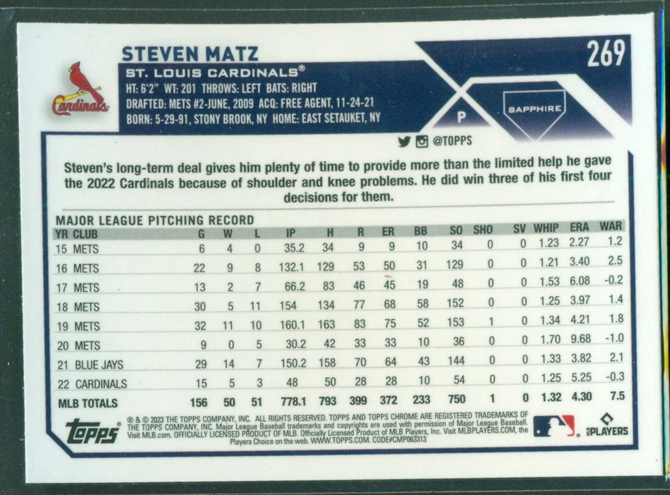 2023 Topps Chrome Sapphire Edition #269 STEVEN MATZ St. Louis Cardinals - Image 2 of 2