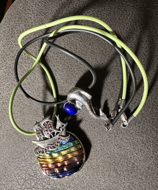 Dr. Kovel Sterling Silver Ship + Glass And Dolphin Pendant Blue Stone Jewelry-NR