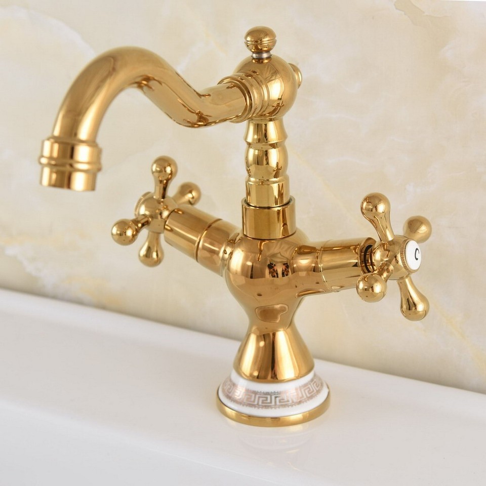 Gold Brass Bathroom Sink Faucet Swivel Dual Handles Deck Mounted Mixer
