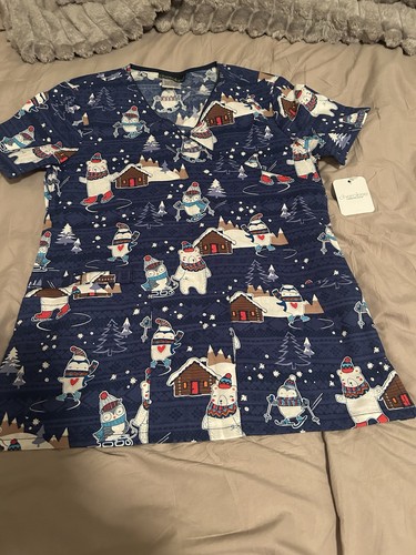 NWT Women’s Cherokee Winter Print Scrub Top Size XS - Picture 1 of 7