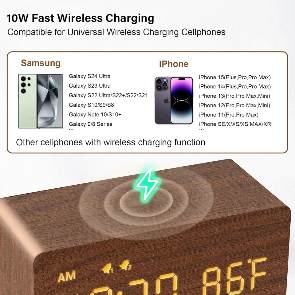 Reloj despertador digital de madera con carga inalámbrica, 0-100% atenuador, alarma doble,... Foto 4 de 4