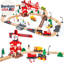 86Pcs Wooden Train Set with Crane, Wooden Train Track Set Railway Kits Fits Thom