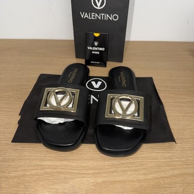VALENTINO BY MARIO VALENTINO Amira Black/gold  LEATHER SANDALS FLATS US Size 8