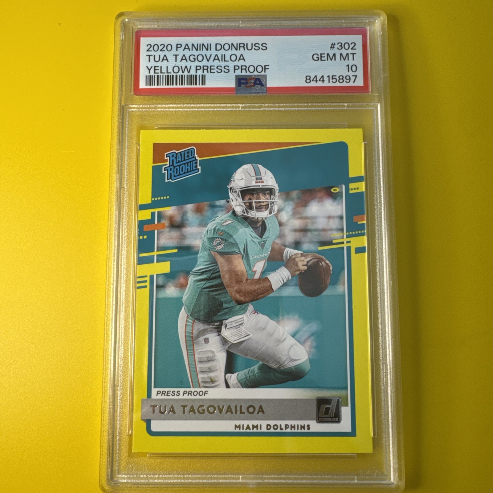 2020 Panini Donruss Tua Tagovailoa Rookie Yellow Press Proof #302 PSA 10 GEM MT