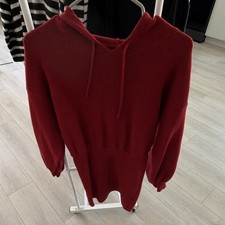 Dark Red Knit Hooded Sweater Dress Knee Length Drawstring Long Sleeve Women