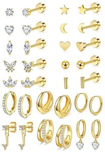 Authentic 14K Gold Plated Flat Back Earrings & Hoops Set - 16 Pairs Hypoallergenic Cart...