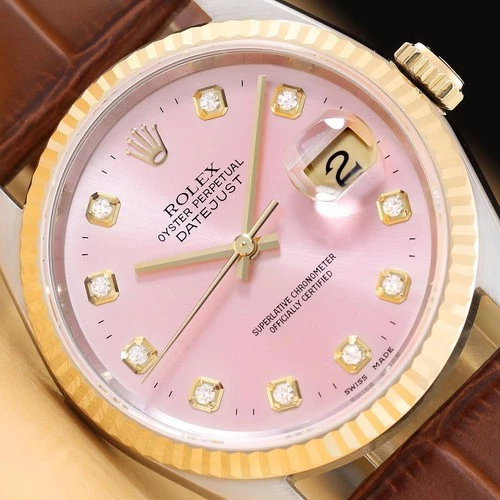 ROLEX MENS DATEJUST 16233 PINK DIAMOND 18K GOLD STEEL WATCH w/ LEATHER BAND