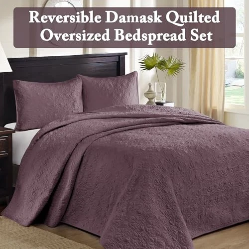  Quebec Reversible Diseño Damasco, Acolchado Doble Cara Toda Temporada, King Purple Foto 3 de 4