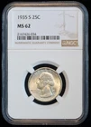 1935 S 25C US Washington Silver Quarter Coin (NGC MS 62 MS62)