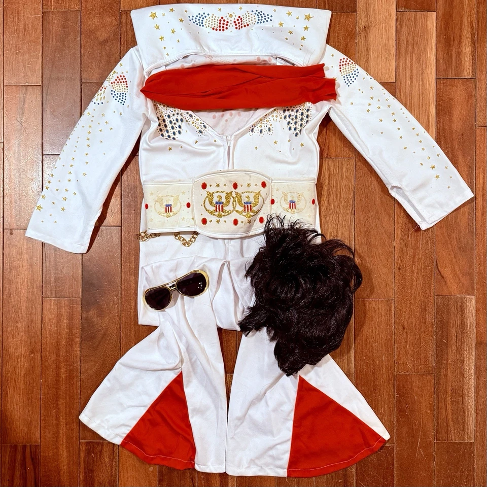 Niño Niño Niño Años 70 70 ELVIS Disfraz Mono Bufanda Cinturón Gafas Peluca Talla L 12 Foto 3 de 4
