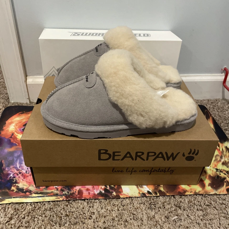 Bearpaw Mujer Zapatillas Grises Con Piel!  Loki talla 7. ¡Cómodo y cálido! ¡Nuevo con caja! Foto 3 de 4
