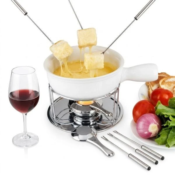 Gusta Ceramic Fondue Set - For Cheese and Chocolate, Includes Rechaud and Forks