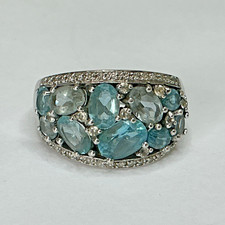 Sterling Silver London Blue, Swis Blue and White Topaz Cluster Ring Sz7 7.4Gram